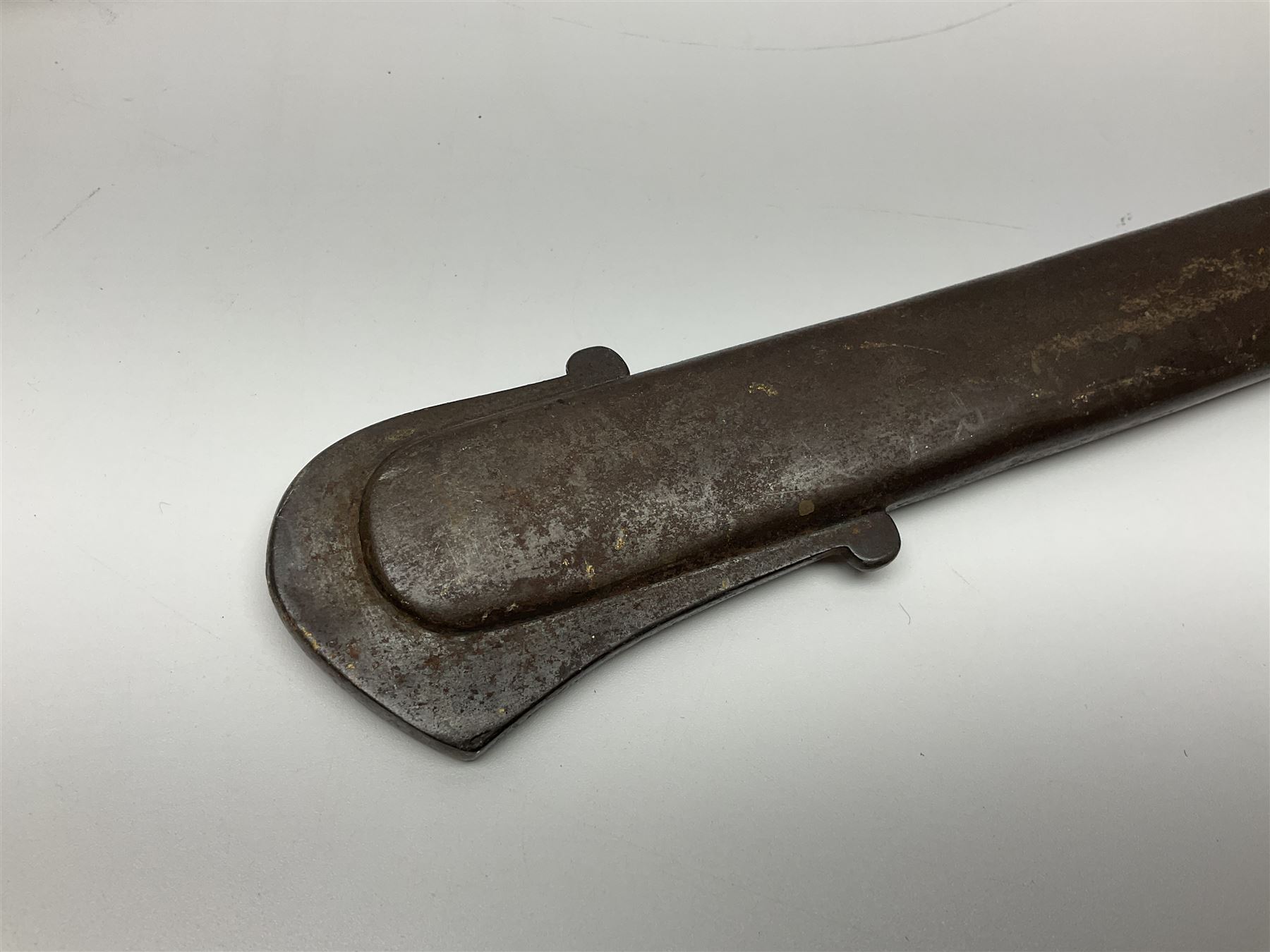 19th Century German (Saxony) Cavalry Sword, the 90.5cm single edge curved steel blade with narrow fuller to the back edge at each side, engraved with a crowned AR monogram and coat of arms, stamped with crowned AR, the back edge engraved C.v Keller im Solingen 1862, the brass half basket hilt with three flat curved bars, applied badge missing, marked G.R. 4, with ribbed leather covered grip and leather finger strap; in steel scabbard with two fixed suspension rings to one side and stamped G.R. II 118; L109.5cm overall