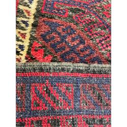 Persian Baluch prayer rug, the pointed field decorated with lozenges and geometric motifs, repeating borders 