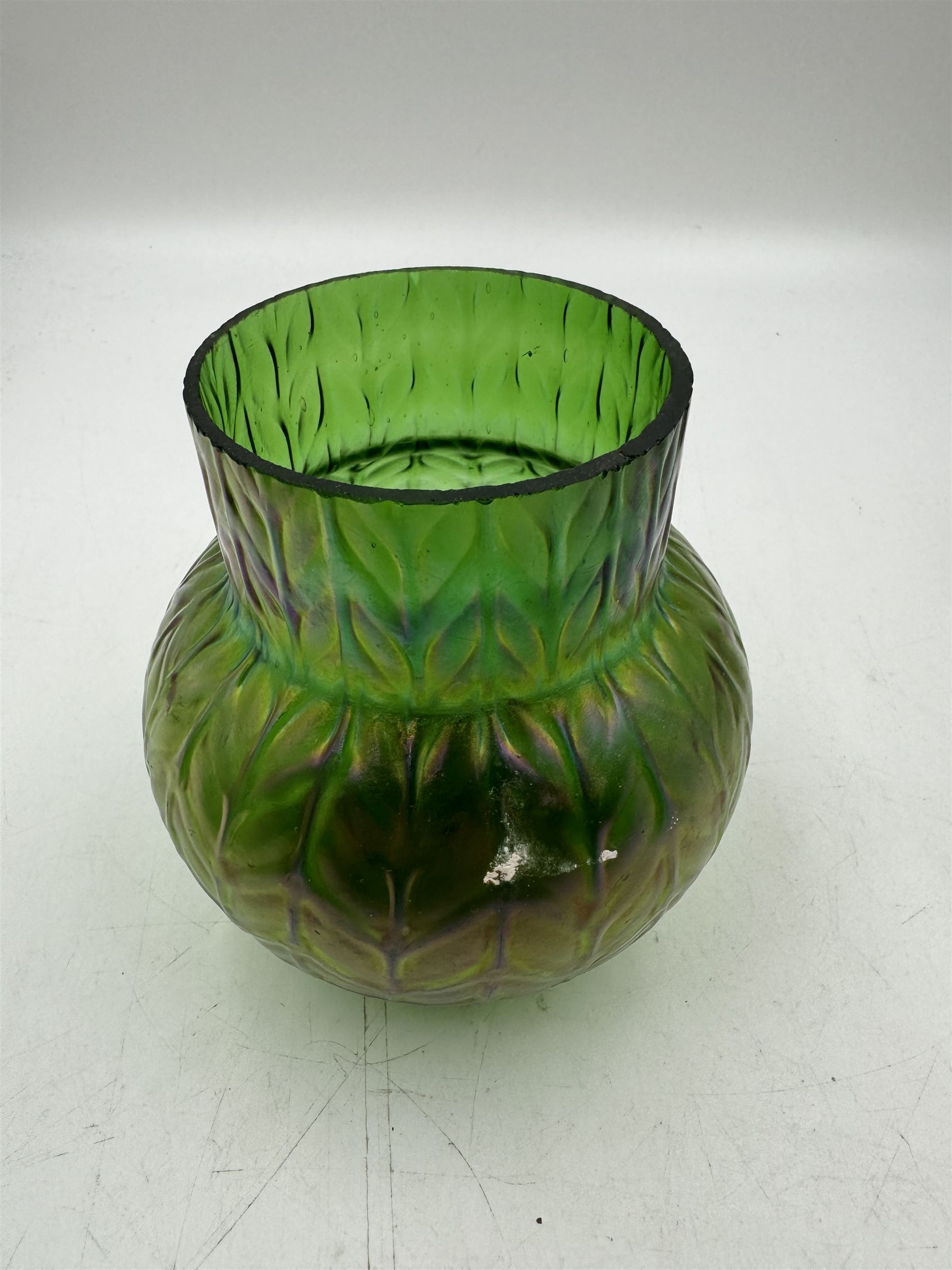 Three Austrian Art Nouveau iridescent glass vases, including a Kralik example of tapering form, with pearlescent lustre body and applied green flower decoration, tallest H18cm