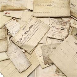 York suburbs interest - extensive collection of 18th century and later vellum indentures, wills, probate documents and property papers charting property ownership and local families in Acomb, Huntington, Earswick, Bishopthorpe, The Mount, Heworth, Heslington and other York suburbs and villages, including documents relating to tradespeople, innkeepers, farmers and householders, many retaining original wax seals, revenue stamps and probate seals, in one box
