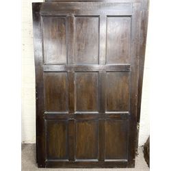 17th century style oak 4' four poster bed, high panelled back with projecting canopy cornice and panelled roof, turned posts with panelled front