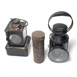 LNER Welch patent international signals lamp No711206, LMS lamp with bullseye lens, B.R.(M) lamp, another railway lamp, oval plate'15' and an LNER tin