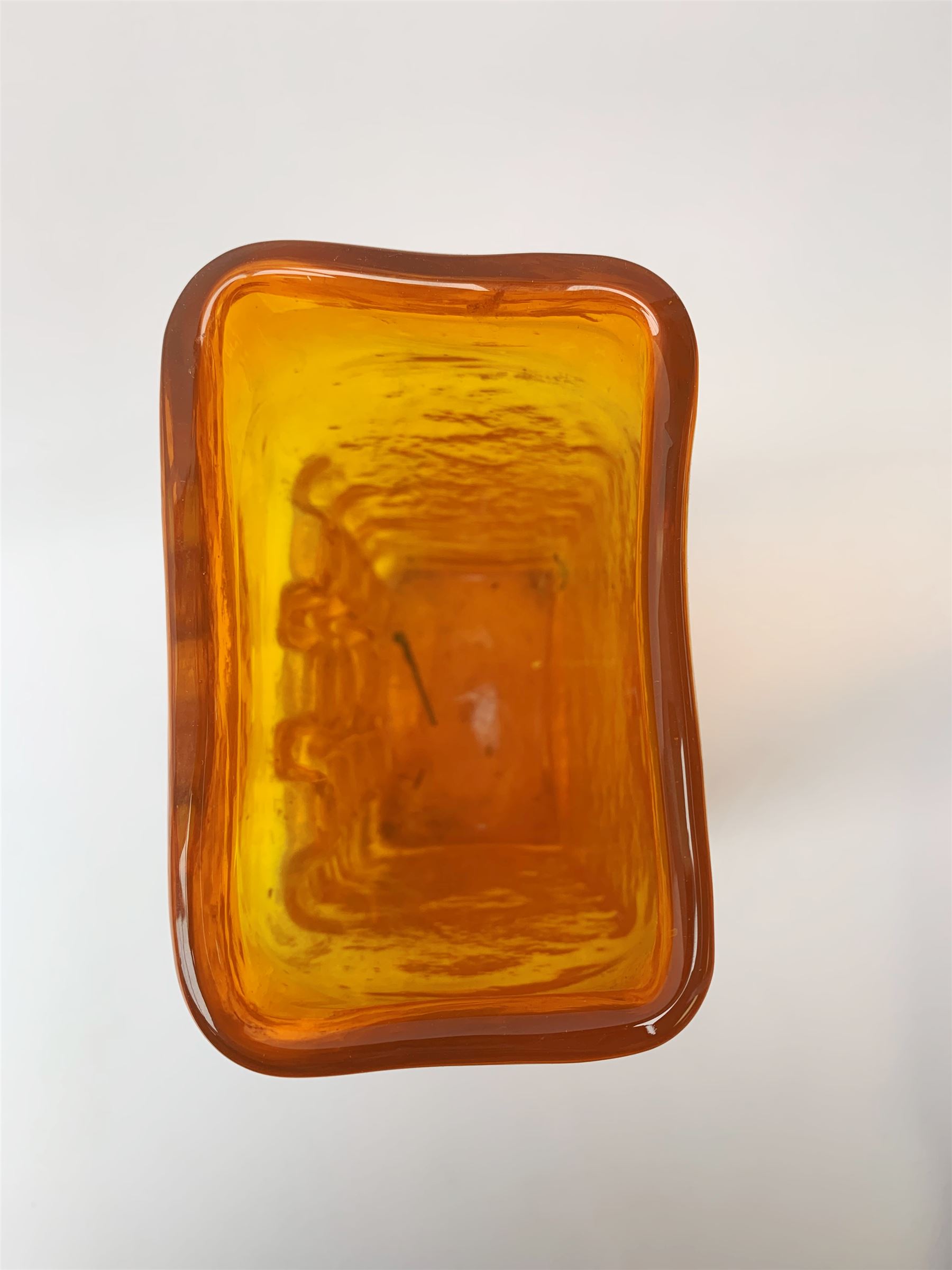 A large Whitefriars tangerine glass Nuts and Bolts vase, with textured finish twelve non-uniform squares to one side, H27cm 