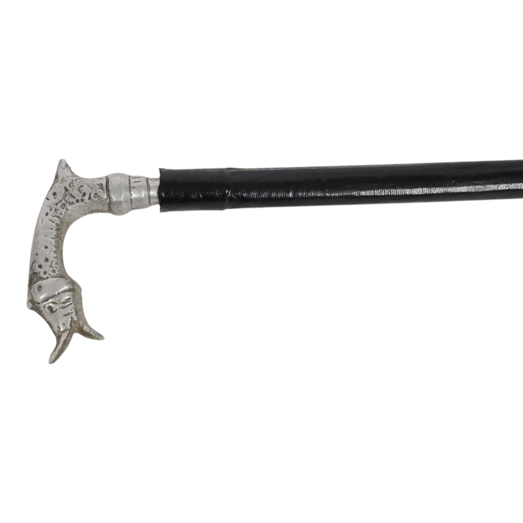 WWI German sawback bayonet, French Briquet and, early 20th century silver white metal fish topped sword stick