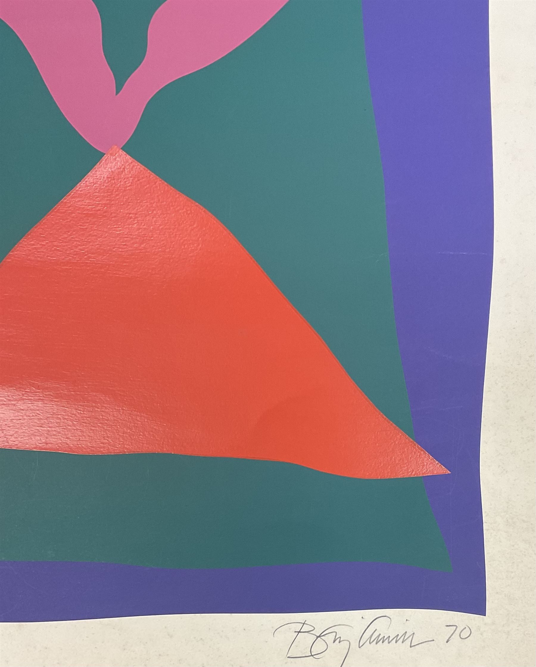 Rolph G Webster (British 20th Century): Woman gives birth on the Cross, screen print signed and dated '74, 76cm x 50cm; Ben C** (British 20th Century): Abstract Diamonds, artists proof lithograph indistinctly signed, dated '70 and numbered 7/10, 102cm x 68cm (2)