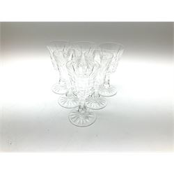Set of six Waterford Crystal sherry glasses, together with three Stuarts Crystal Glengarry pattern flutes, a Stuart Crystal ships decanter, and an Edinburgh Crystal square section decanter. 