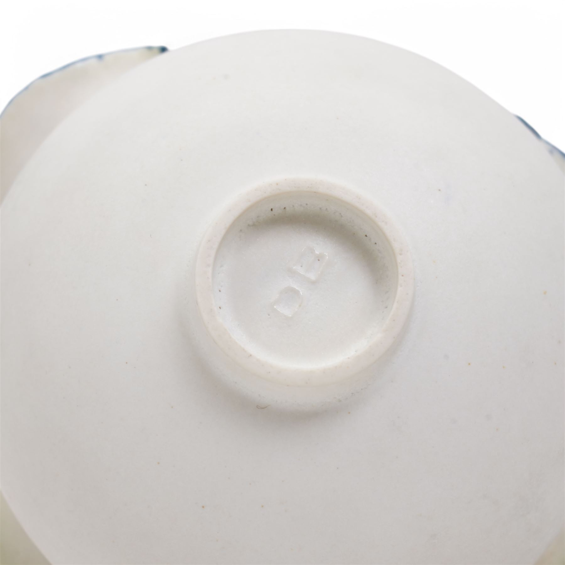 Deirdre Burnett (1939-2022); porcelain vase of ovoid form, the pinched irregular rim with turquoise detail, in matte white glaze, impressed DB seal mark, H9cm 