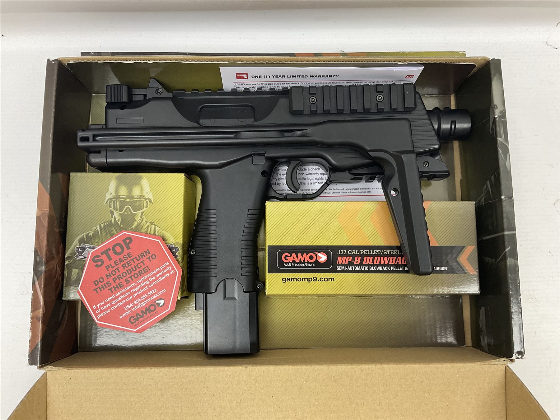 Gamo MP-9 .177 cal. semi-auto blowback pellet/BB CO2 gun, serial no.14J39179, L30cm; on original box with accessories and paperwork  NB: AGE RESTRICTIONS APPLY TO THE PURCHASE OF AIR WEAPONS.