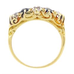Victorian 18ct gold two row diamond and sapphire ring, alternating circular and oval mixed cut sapphires and old cut diamonds, total diamond weight approx 0.75 carat