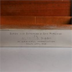 Mid 20th century silver mounted cigarette box, of rectangular form, with personal engraving to body reading 'Baron and Baroness Di San Marciano to Alan VG Bibby in grateful appreciation Malta April 1948, engraved with San Marciano family coat of arms to hinged cover, opening to reveal a softwood lined interior, hallmarked Adie Brothers Ltd, Birmingham 1946, H5cm, W16.5cm