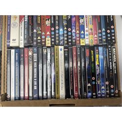 Large collection of VHS tapes, DVDS, CDs to include Queen, James Bond 007, Batman etc, in three boxes