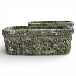 Two cast stone planters / troughs with lion emblems