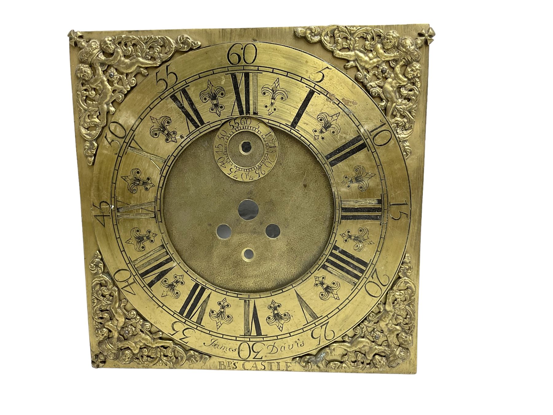 Four 13” painted 19th-century break arch longcase clock dials with one circular 12” American wall clock dial, plus two 11” and one 10” 18th-century brass longcase dials.