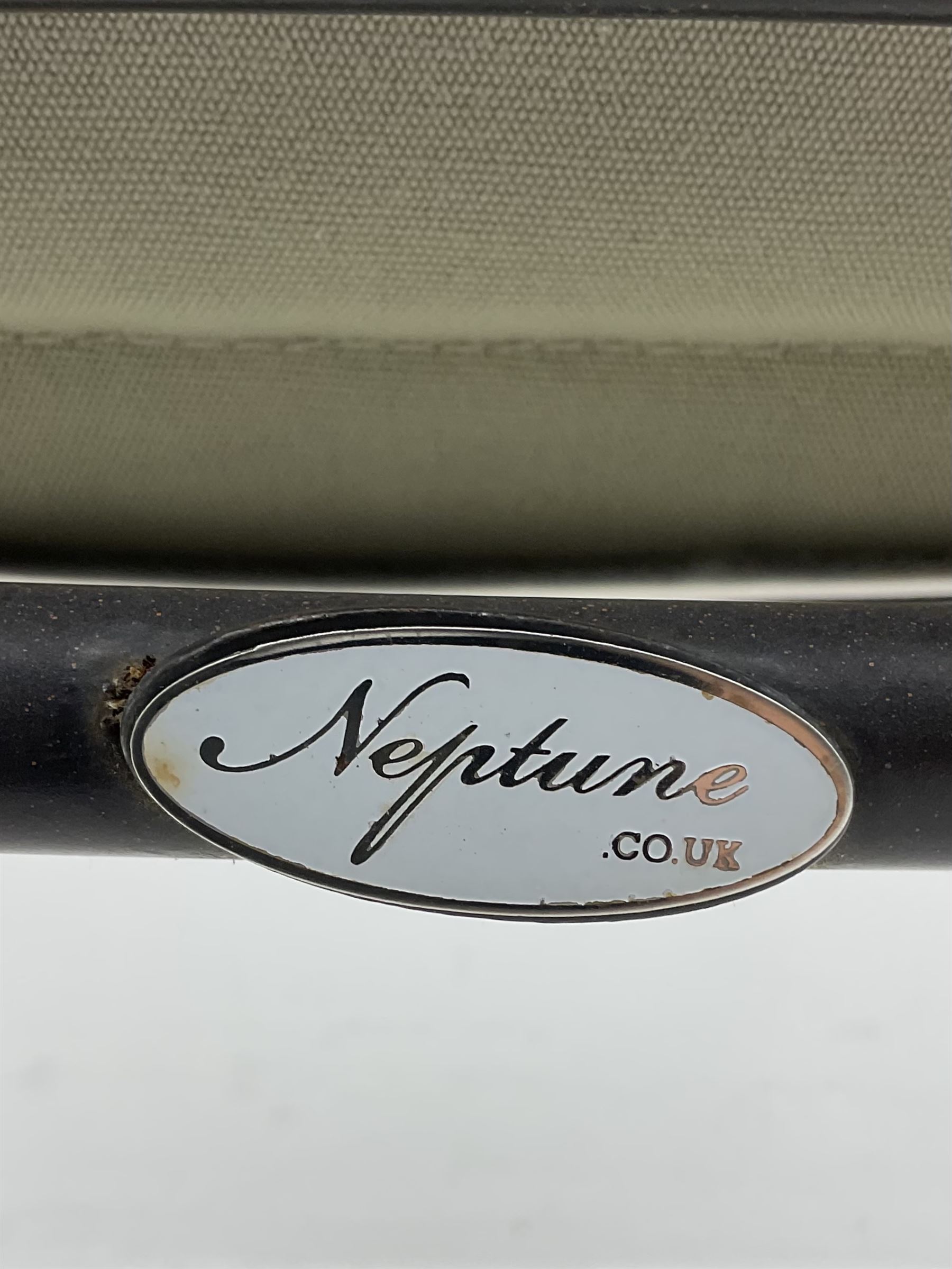 Neptune Furniture - Boscombe black granite and black powder coated steel garden table with circular top, and set five matching black steel garden chairs with loose cushions, with parasol and base.