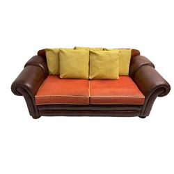 Gainsborough Lounge Suites - three piece leather and fabric lounge suite - pair two seat sofas (W225cm, H82cm, D105cm), and matching armchair (W88cm), on turned front feet with scatter cushions