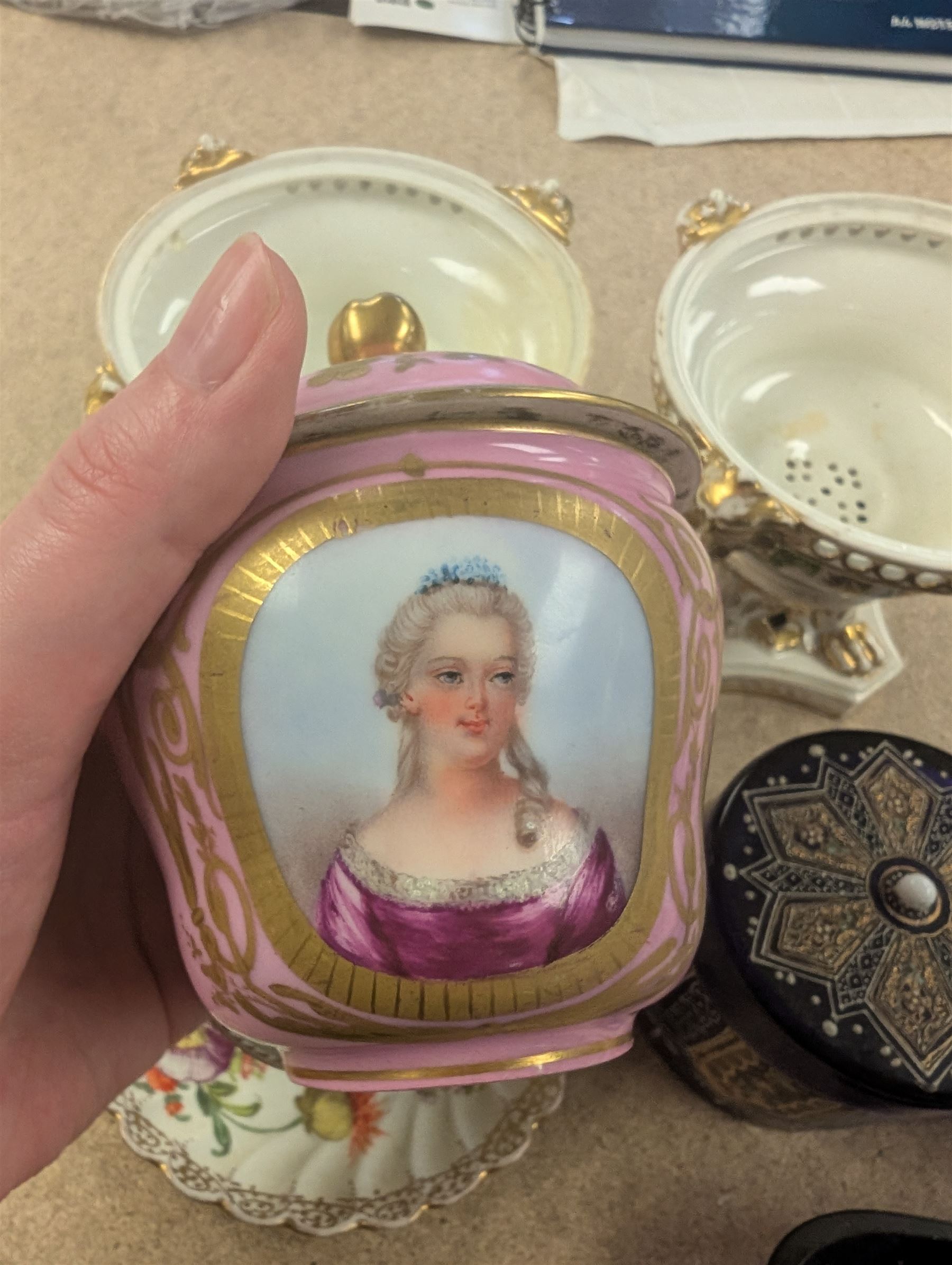 Two Royal Crown Derby pot pourri, Dresden teacup and saucer, three blue glass dressing table items, etc 