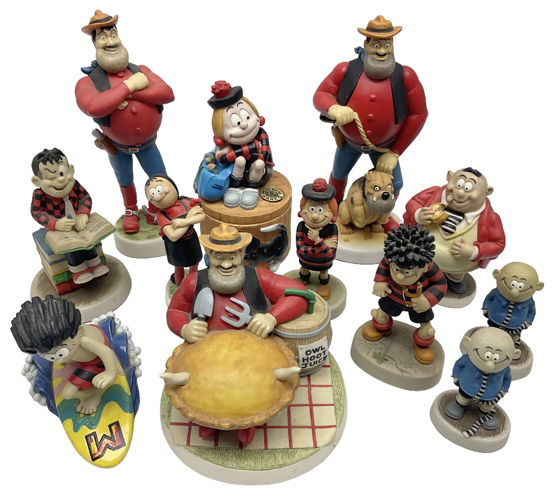Eleven Robert Harrop figures from the Beano Dandy collection, comprising One Man & His Dawg BDS08, Picnic Desperate Dan BDS04, Fatty BD07, Desperate Dan BD03, Roger the Dodger BD20, Dennis the Menace BD01, Beryl the Peril BD05, Minnie the Minx BD04, Surfing BP03, two Spotty BD16, together with a Genuine Beano Ware lidded box (12)