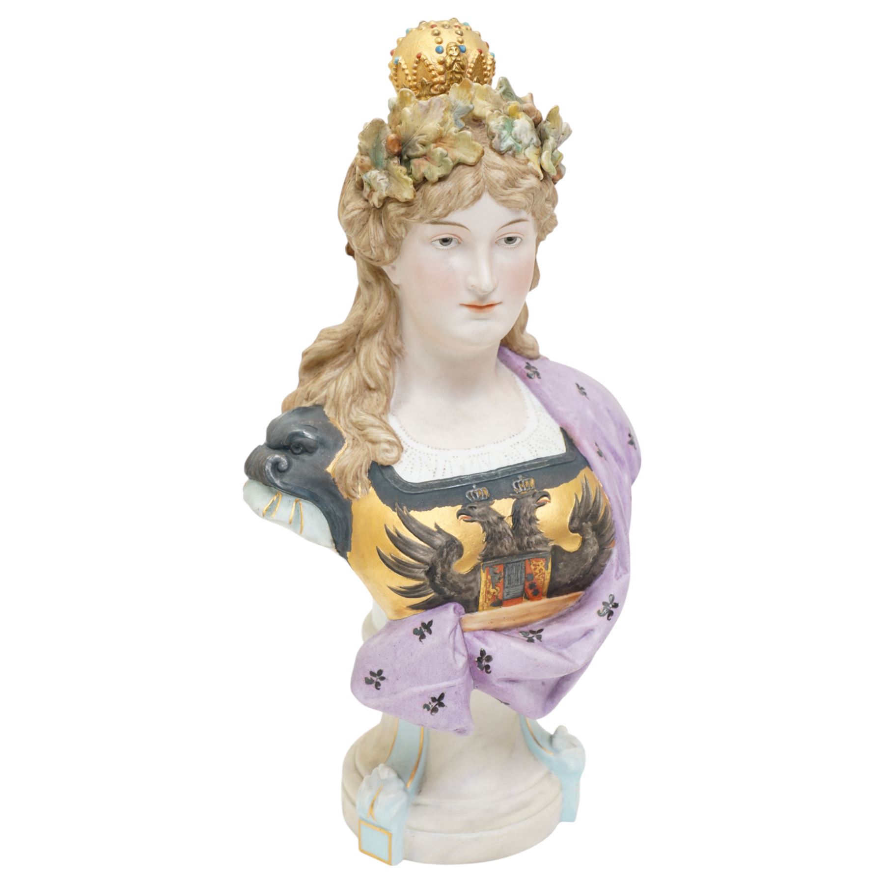 Continental bisque bust of a Queen H28cm and another of horse with jockey and dog H33cm x L31cm