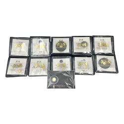Eleven Queen Elizabeth II miniature gold coins, each being 0.5 grams of 24 carat gold, including Tristan da Cunha 2020 'Laurel', Solomon Islands 2020 '80th Anniversary of the Battle of Britain' etc, all with certificates