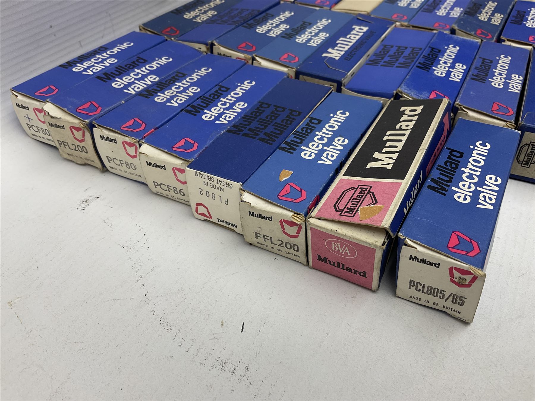 Collection of Mullard thermionic radio valves/vacuum tubes, including PCC189, PCL805/85, DY802, PCL86, PFL200, etc approximately 60 as per list, all boxed