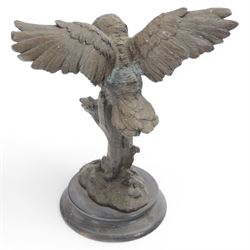 Bronzed figure of an owl taking flight, upon a circular hardstone base, H29cm