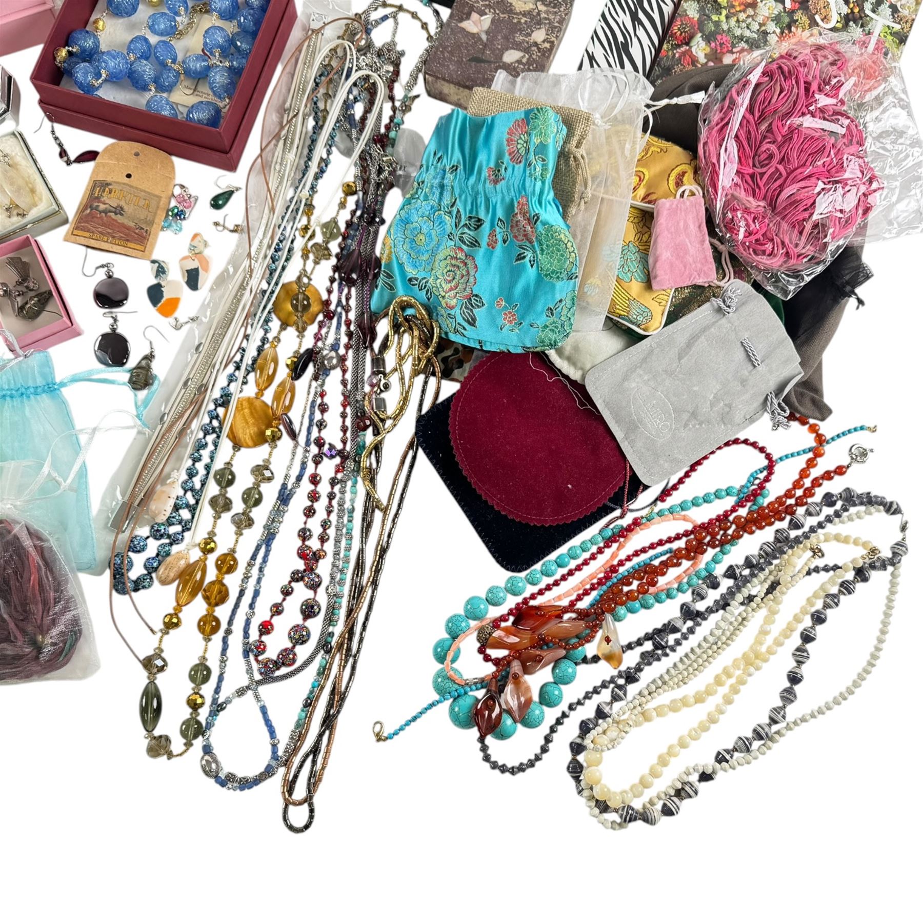 9ct gold stud, silver earrings and a collection of beaded necklaces, bracelets and other costume jewellery, Augarten Wien horse, etc