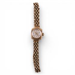 Accurist ladies 9ct gold manual wind wristwatch, on integral 9ct gold bracelet, hallmarked