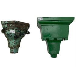 Six early 20th century cast metal wall brackets with scrolled foliate decoration (L35cm, H28cm), and two early 20th century rain hoppers