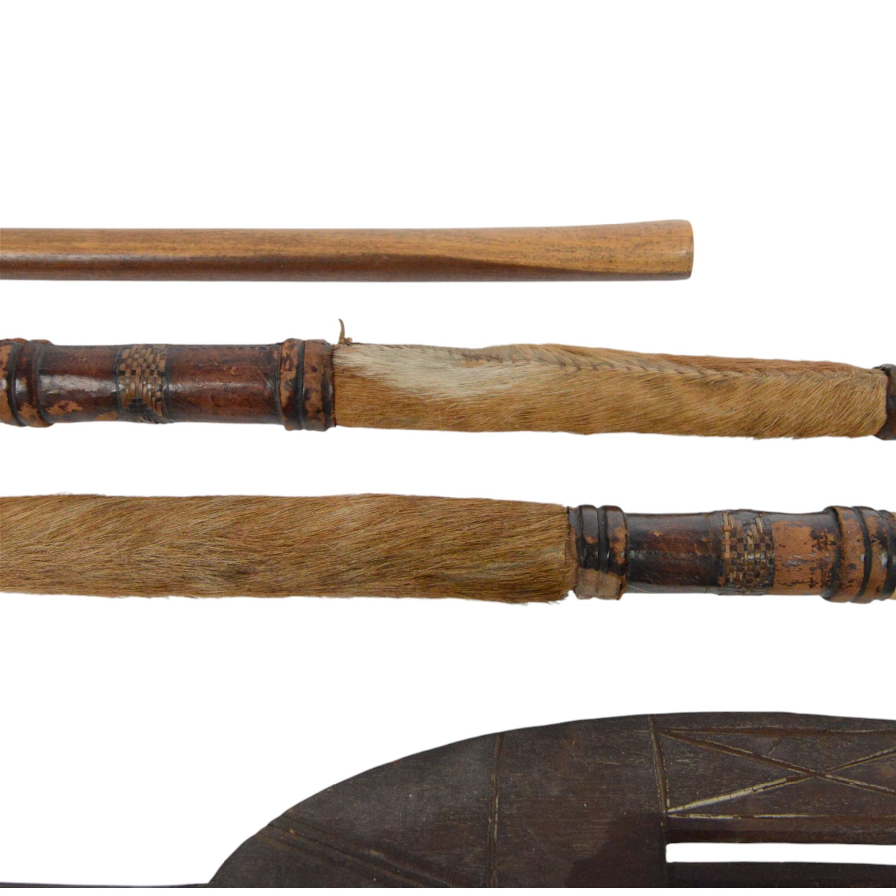 Collection of 19th century and later African spears, paddle and carvings
Provenance: the vendor's grandfather was a Methodist missionary who visited Africa between 1895-1903 and brought these items back on his return to England, paddle L151cm