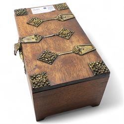 Late 19th/ early 20th century gothic brass bound box L27cm, early to mid 20th century African oil on board, possibly Republic of the Congo, indistinctly signed, together with a watercolour of Rome by Lucy Rice, signed (3)