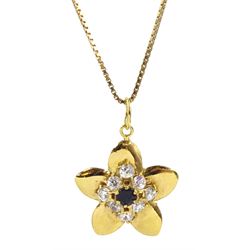 18ct gold sapphire and cubic zirconia flower head cluster pendant necklace, stamped 750