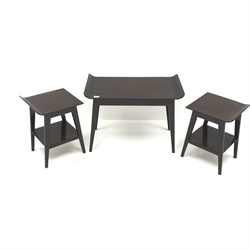  Pair Danish design lamp tables, shaped top, outsplayed tapering supports joined by an undertier (W34cm, H46cm, D31cm) and matching coffee table (W69cm, H50cm D38cm) (3)  