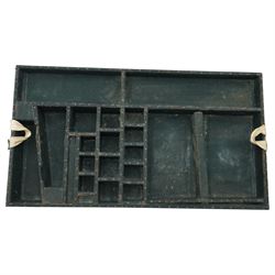 Early 19th century teak and brass bound silver campaign chest, fitted with brass L-shaped brackets and heavy weight carrying handles, the hinged lid enclosing two removeable trays with divisions and lined in blue baize, fitted with two 'R. Cooper & Son' brass locks