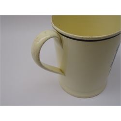 Early 19th century Sunderland Dawson & Co creamware pottery mug, the cylindrical body black transfer printed and polychrome detailed with a circular panel of a three-masted ship flanked by two figures of Peace and Plenty, above a panel containing verse 'May Peace with Plenty on our Nation smile [...]' H15cm D11cm