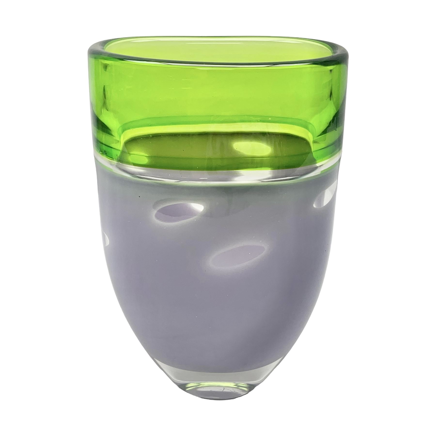 Stuart Akroyd glass vase, green banded top and opaque purple lower section with bubble inclusions, with sticker and engraved signature beneath, H25cm