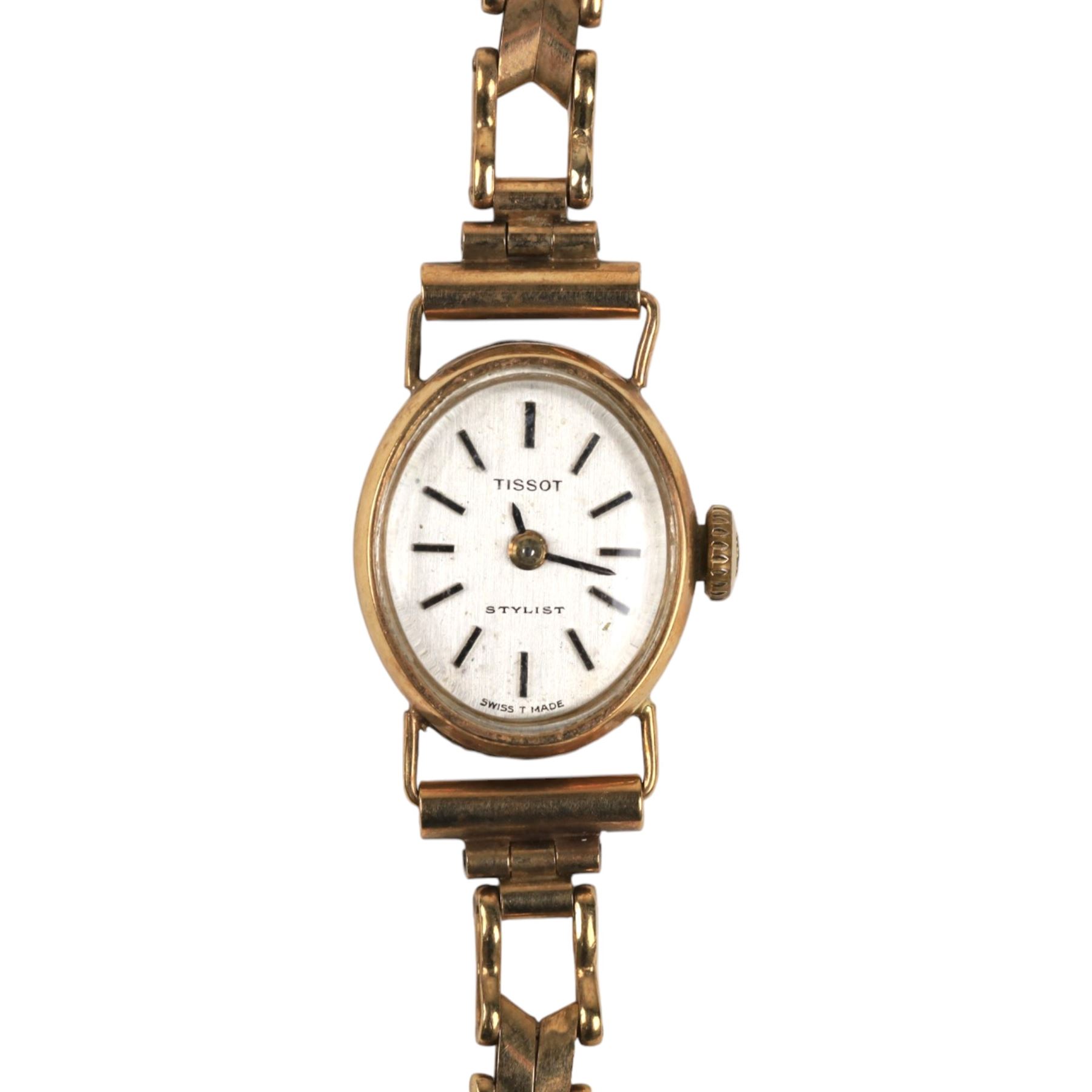 Tissot Stylist ladies 9ct gold manual wind wristwatch, on 9ct gold bracelet, hallmarked