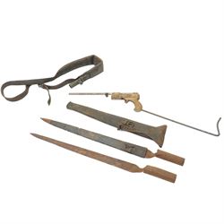 19th century Brown Bess socket bayonet with leather scabbard, another without scabbard, ea...