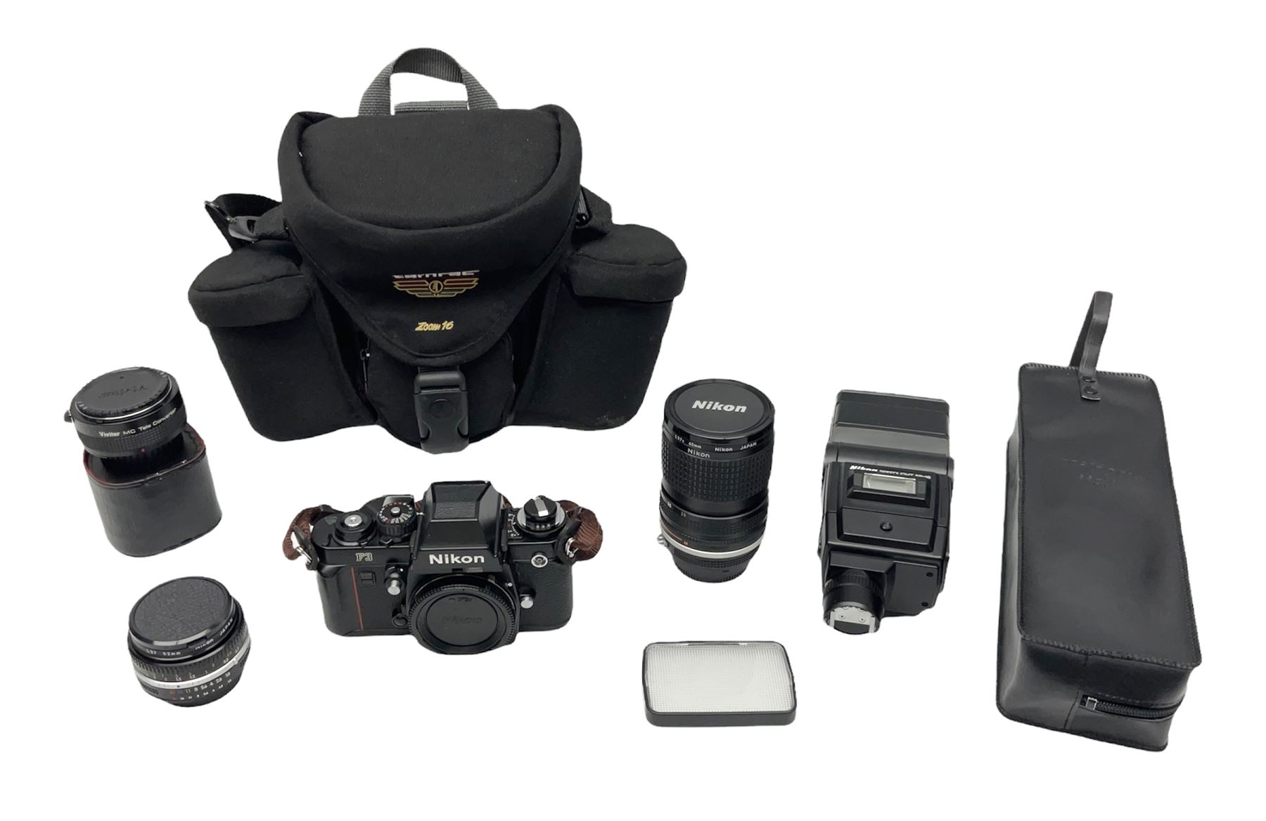Nikon F3 SLR camera, serial number 1583609; Nikon 50mm 1:1.8 lens; Nikon 28-85mm 1:3.5-4.5 zoom lens; Vivitar MC 2X-3 Tele Converter, and a Nikon Speedlight SB-16 flash