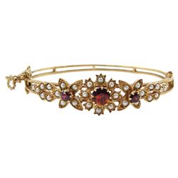 9ct gold garnet and split pearl flower design hinged bangle by Zeeta, stamped 9ct