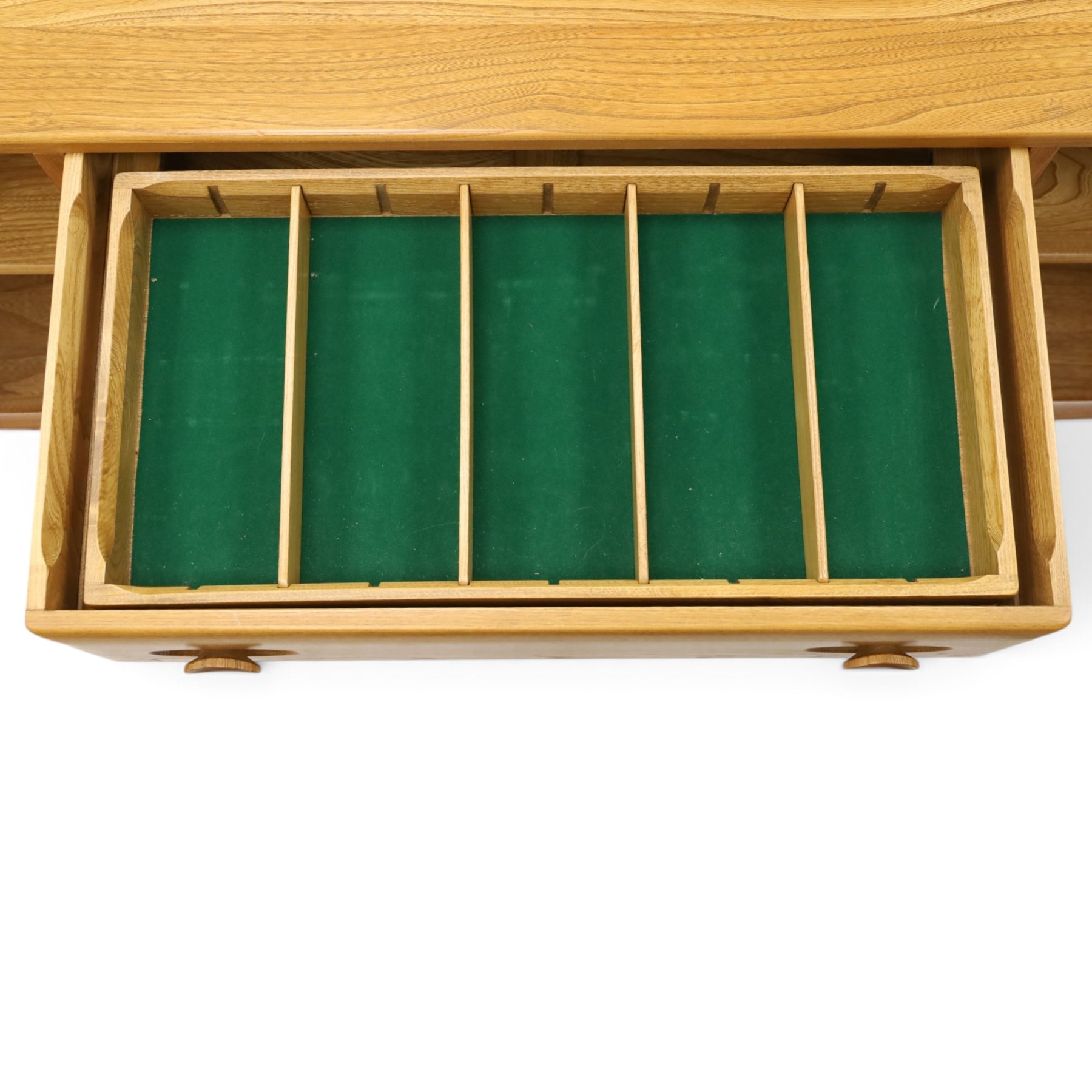 Ercol - mid-20th century light elm and beech Windsor 'model 455' sideboard, rectangular top over three central drawers flanked by cupboards, on castors