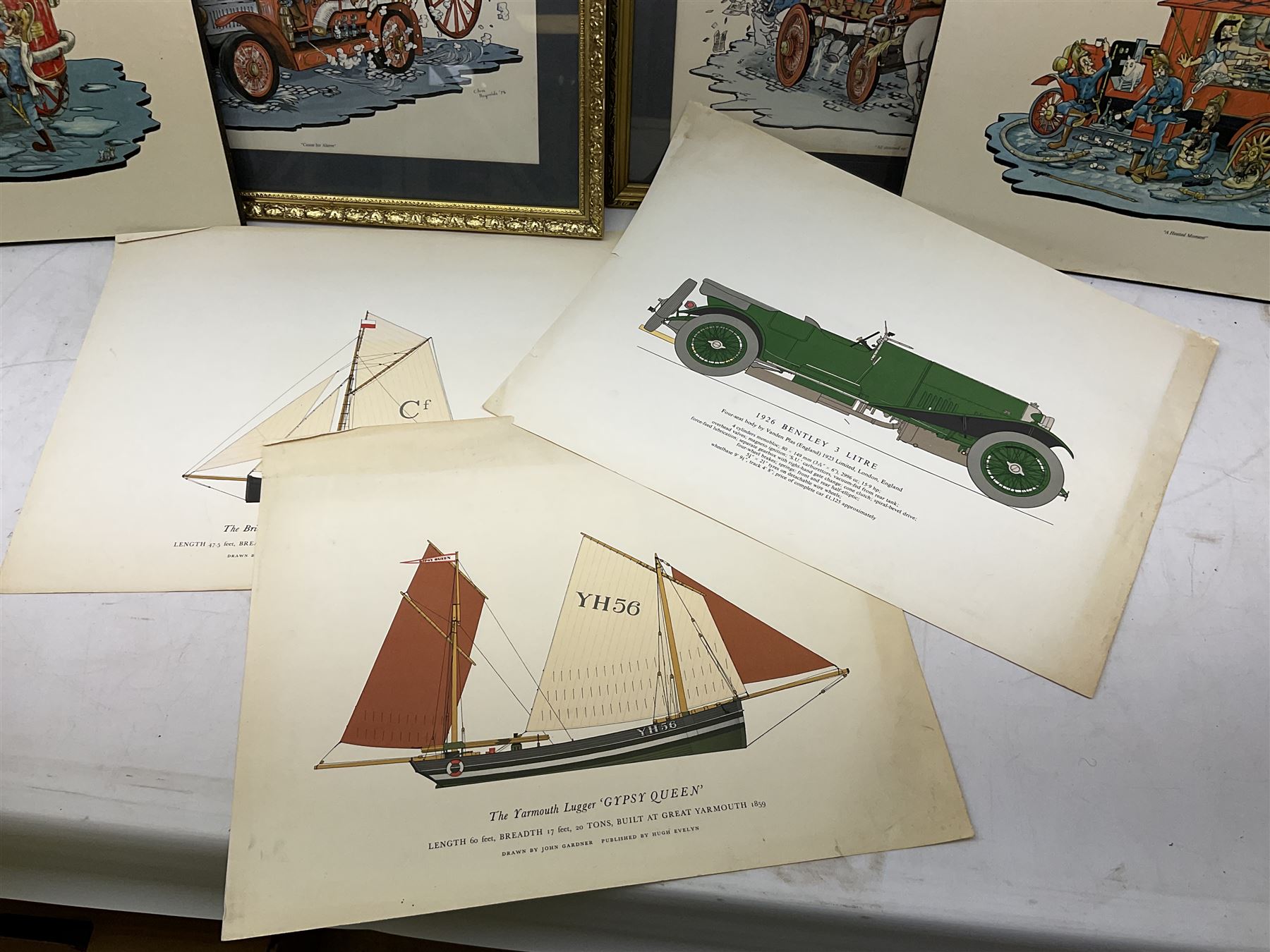 Set of four framed coloured prints humorous fire brigade related, after Chris Reynolds, together with Brooke bond picture cards, to include Asian wild life, the race into space, travel through the ages etc