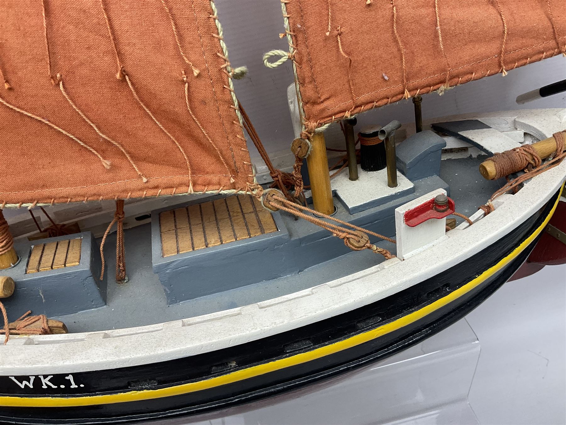 Wooden model of the Peterhead Herring Fishing Boat, Love Divine, PD404. on stand together with Wick Herring Fishing Boat, Galilee WK.1. on stand, L105cm, H64cm