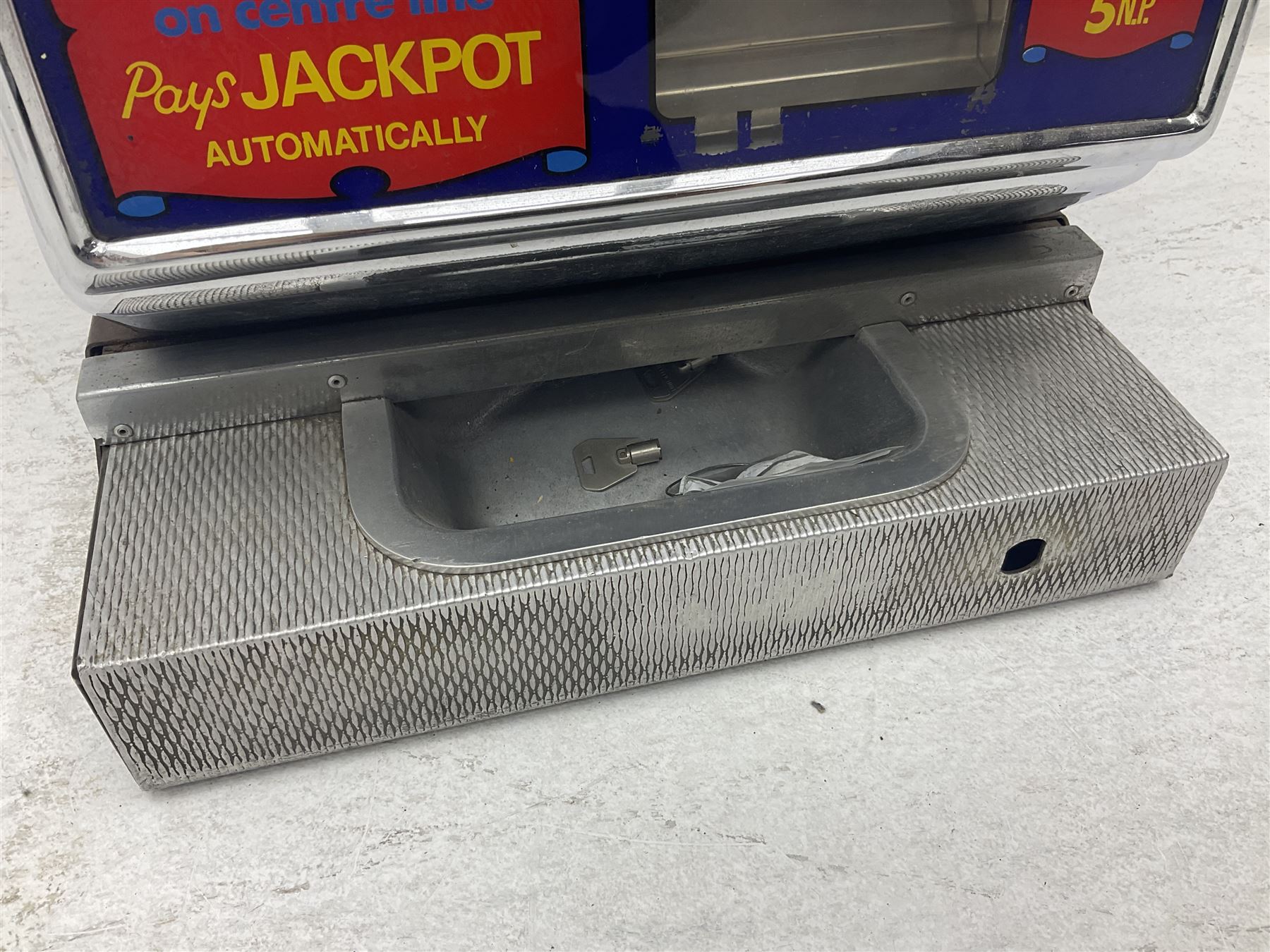 Aristocrat Nevada Lucky Strike one-armed bandit arcade machine, circa 1964, light-up display in aluminium and stainless steel case, with keys, H72cm 