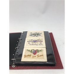 Modern loose leaf album containing over fifty WW1 silk postcards including flags of the Allies, envelope type with greeting card insets, Christmas cards   