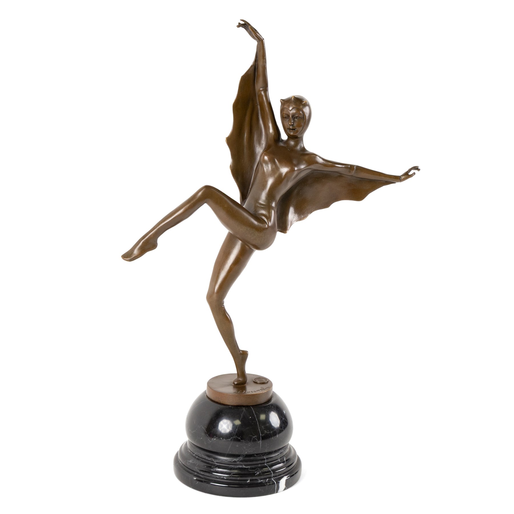 After Josef Lorenzl,- Art Deco style bronze bat girl, upon a stepped circular marble base, H47cm