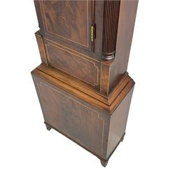 Samuel Ritchie of Forfar - William IV 8-day Scottish longcase clock in a mahogany case, with a swans neck pediment, brass paterae and three ball and spire brass finials, case and trunk inlaid with satinwood stringing on a plinth raised on decorative bracket feet, painted break arch dial depicting a costal scene to the break arch and conch seashells to the spandrels, Roman numerals, subsidiary seconds and date dials with matching steel hands, with a rack striking movement striking the hours on a bell. With weights, key, and pendulum.  Samuel Ritchie is recorded as working in Forfar 1800-37.