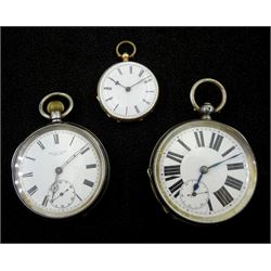14ct gold keyless cylinder fob watch, white enamel dial with Roman numerals, back case with engraved and black enamel decoration, stamped K14, silver lever pocket watch by Alf. J. Crabe, RedcarNo. 88908, case London import marks 1909 and one other silver pocket watch, Swiss hallmark