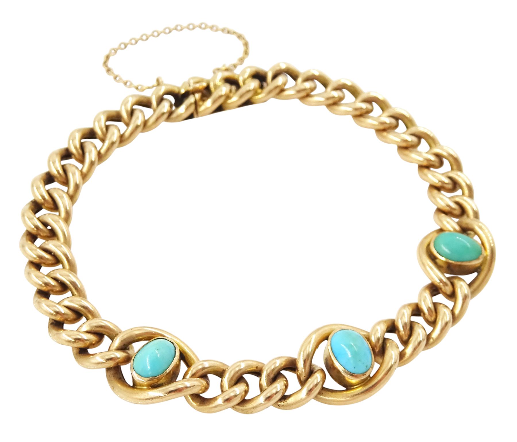 Edwardian 15ct rose gold turquoise bracelet, three oval cut turquoise stones to a curb link bracelet, stamped 15c
