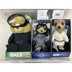 Two Compare the Meerkat meerkat dolls comprising Batman and Star Wars, Ted 2 stuffed doll, quantity of boxed bobble heads, and quantity of magazines with models to include Men At War, Fire Engines of the World etc in three boxes