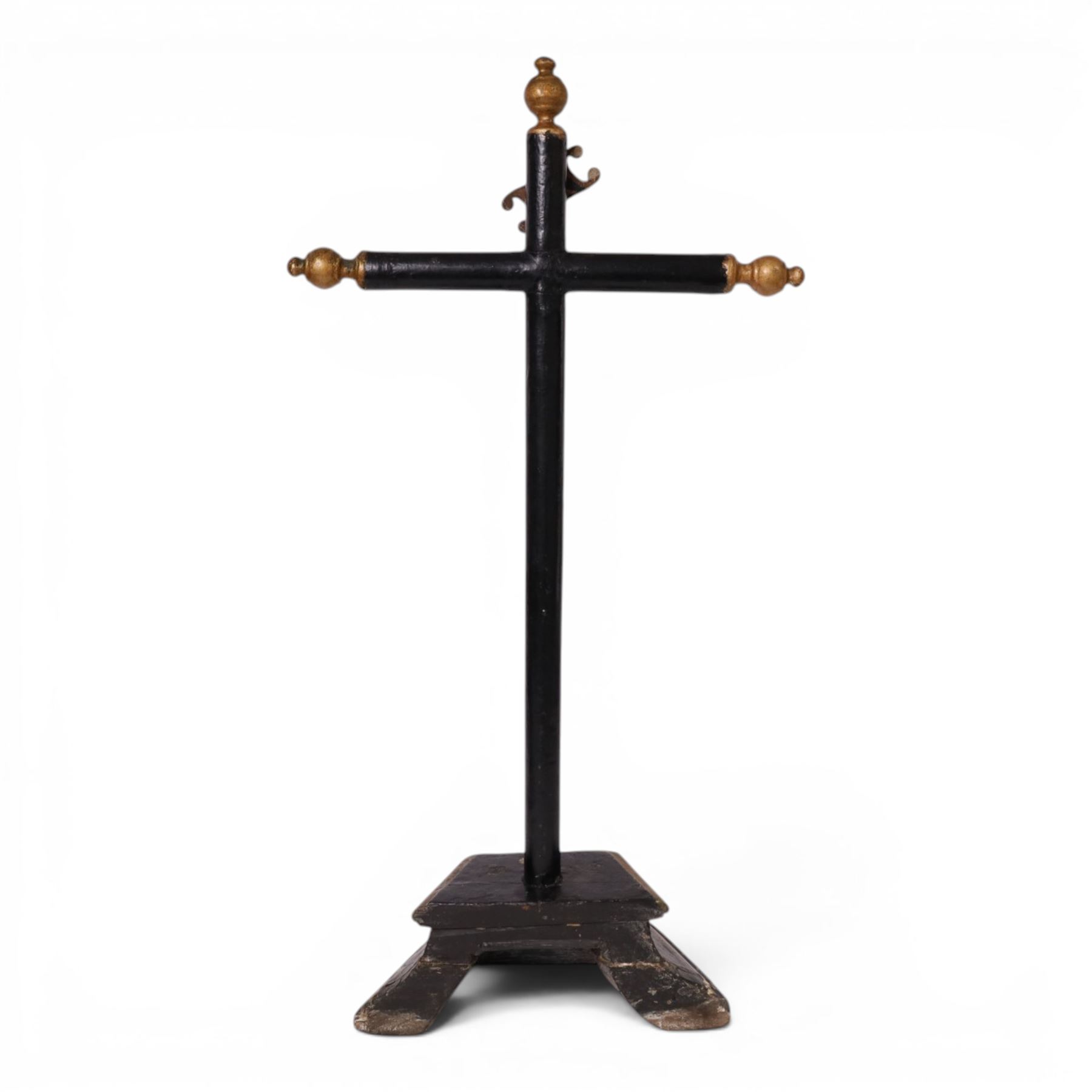 19th century black lacquered crucifix, with gilt detail upon a stepped base, H88cm   